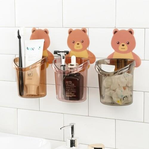 Wall-mounted Bear Toothbrush Cup Holder Free Punching Cup Bathroom Accessories Organizer Wall Sticker Hanging Brush Holder