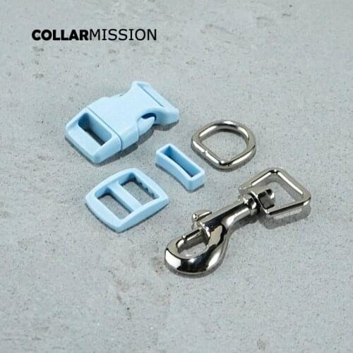 Plastic buckle+Tri-Glid+square keeper+D ring+metal dog clasp/set)Plating 15mm light blue webbing bag dog collar parts