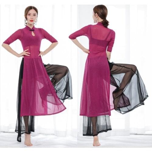 Oriental Dance Dress 2021 Modern Folk Dance Practice Dress Cheongsam Belly Dance Loose Trouser Suit Translucent Silver Wire Mesh