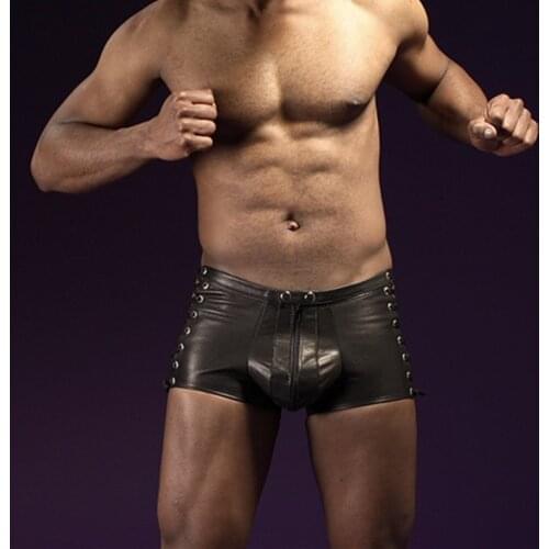 Plus XXXL Size High Waist Latex Leather Skinny Shorts Zipper Bondage Punk Open Crotch mans sexy catsuit