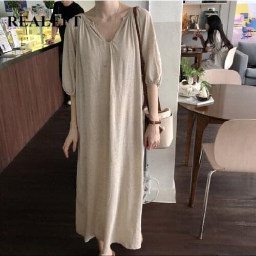 REALEFT Summer 2021 New Boho Chic Oversize Womens Dresses Vintage Solid V Neck Korean Casual Loose Straight Beach Dress Ladies