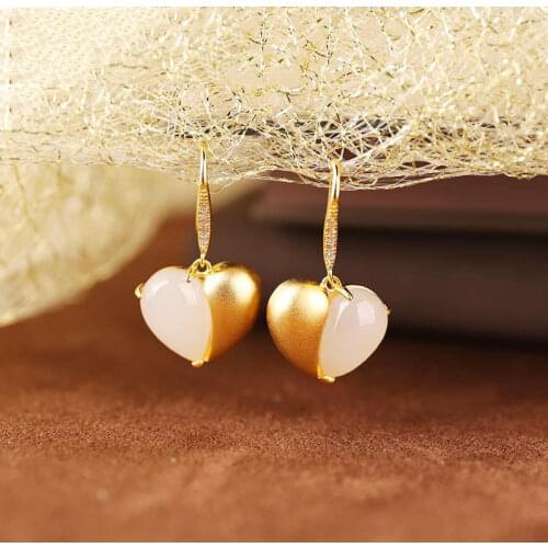 S925 Sterling Silver Natural Hetian Jade White Jade Love Heart Stud Earrings Womens Fashion and All-Match Popular Retro Silver