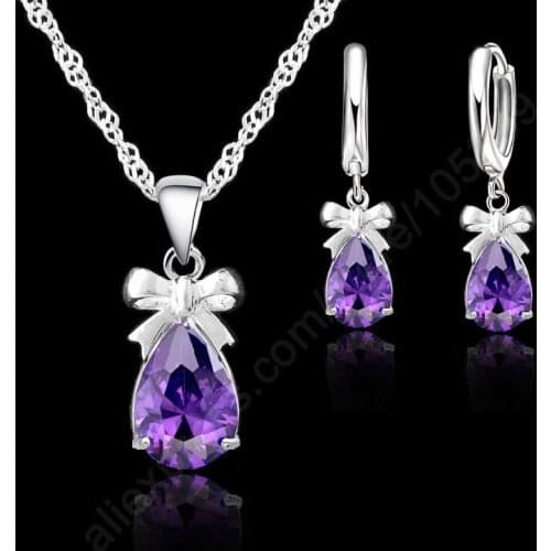New Gift 925 Sterling Silver Real Silver With Shiny Purple Cubic Zirconia Lever Back Earring Pendant Necklace Woman Jewelry Set