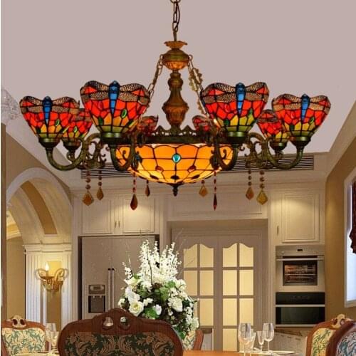Tiffany Dragonfly Baroque Stained Glass Suspended Luminaire E27 110-240V Chain Pendant lights for Home Parlor Dining Room