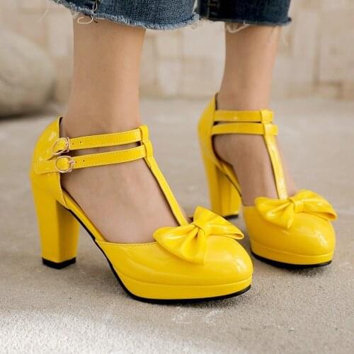 OLOMLB Womens Round Toe Bow Knot Patent Leather Mary Janes Lolita Pumps Chunky Heel Shoes T-strap Plus Size 6Colors 34-48