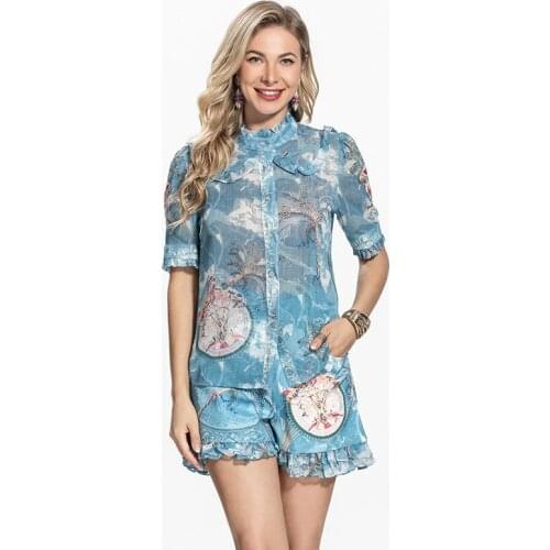 2021 Autumn New High Quality Elegant Casual Sweet Print Wood Ear Blue Pearl Chiffon Shirt and Shorts Two Sets High Street