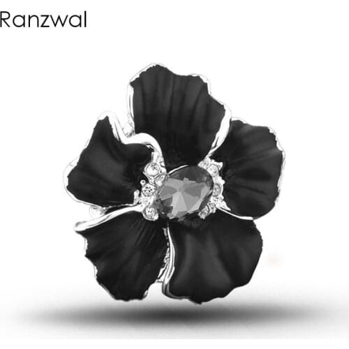 Ranzwal Fashion Women Black Enamel Flower Rings with Cubic Zircon Anel Feminino Anniversary Gifts US SIZE 6~9