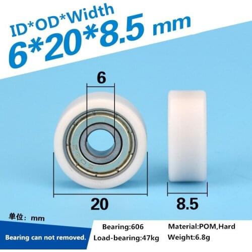 1pcs delrin POM plastic coated flat edge wheel roller 6x20x8.5mm 606ZZ bearing for window drawer guide pulley rolling pulley