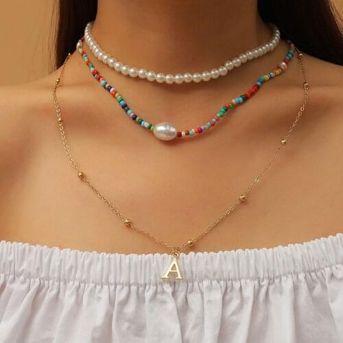 3 Pcs/Set White Pearl Multicolor Beads Handmade Beaded Necklaces For Women Fashion Gold Chain Letter A Pendant Necklace Gift