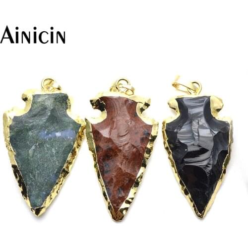 5pcs Mixed Color Natural Semi-precious Stone Arrow Head Shape Pendants Gold Plating 20x40mm Necklace Making Findings