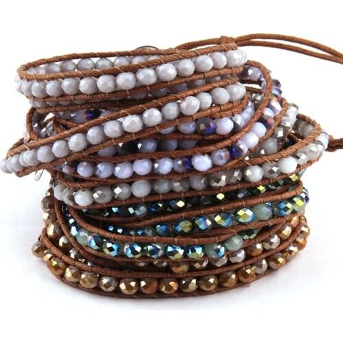 Free Shipping Beautiful Fashion Glass Crystal Long Wrap Bracelet 3 Wraps Leather Bracelet For Women