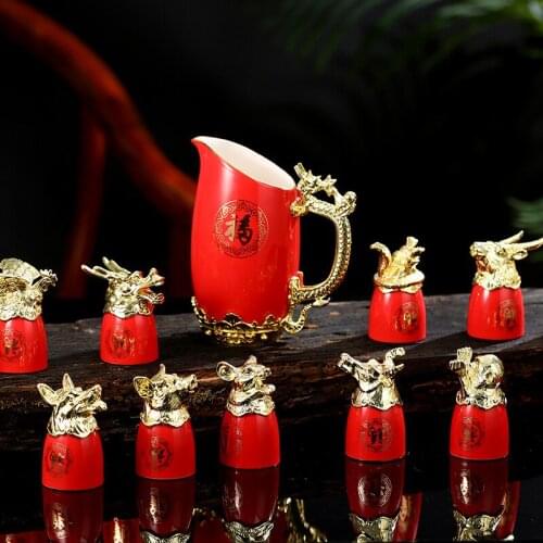 Red Colored Wine Glasses Vintage Display Chinese Zodiac Ceramic Liquor Glass Set Creative Gold Houseware