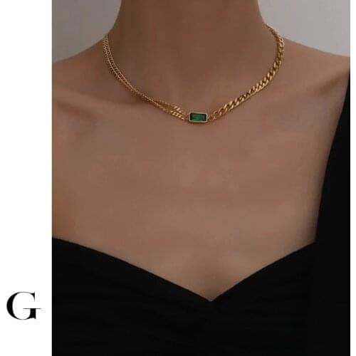 GHIDBK 2020 Fashion Stainless Steel Layering Green Rhinestone Suqare Pendant Chokers Necklaces Chic Street Style Collars Jewelry