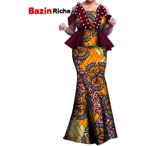 African Wax Print Two Piece Set 2021 Bazin Riche elegant African Traditional Clothing Dashiki Crop Top and Skirt Sets WY3800