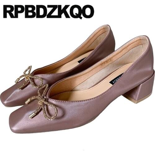 Square toe satin gold women party shoes pumps purple diamond golden silk bow crystal chunky thick rhinestone kawaii low heels