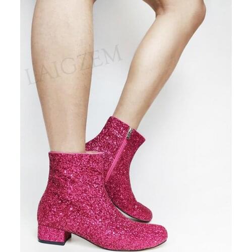 LAIGZEM Glitter Botines Mujer Women Booties Low Chunky Heels Side Zip Short Ankle Boots Shoes Woman Ladies Large Size 34 47 52