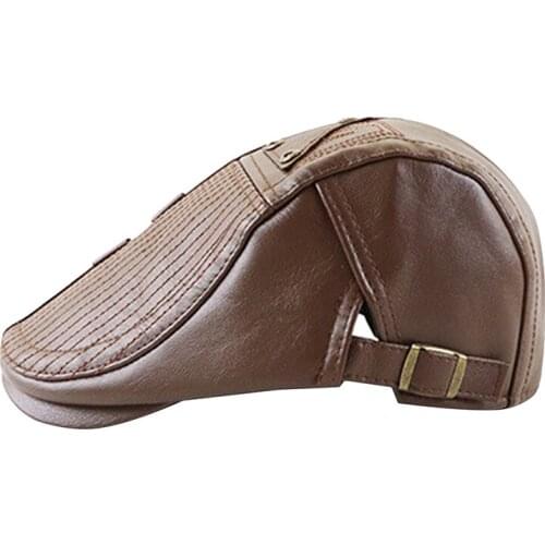 Autumn Middle Aged Mens Peaked Cap PU Leather Adjustable Cap Solid Color Casual Retro Beret Fashion