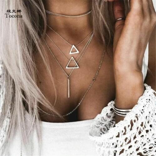 Tocona Bohemian Triangle Bar Stick Pendant Chokers Necklaces for Women Multi Layer Silver Color Necklace Collar Jewelry 6424