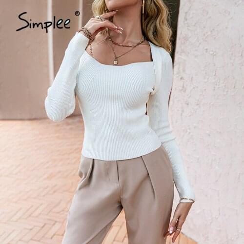 Simplee Sexy skinny long sleeve women sweater white Elegant square collar female pullover autumn Casual basic fashion short tops