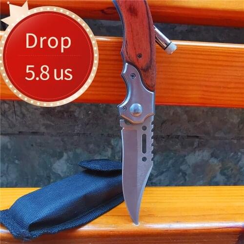 LED Light Folding Knife, Stainless Steel Knife, Fine Wooden Handle, Multi-function Pocket Knife, Camping Travel Knife