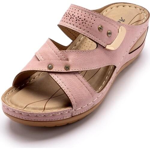 High Quality Womens Mules Rhinestone PU Leather Sandals Breathable Platform Casual Beach Shoes Lightweight Home Slippers