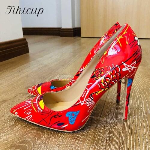 Tikicup Red Women Gratiffi Printed Patent Slip On Stiletto High Heels 8cm 10cm 12cm Ladies Chic Pointy Toe Pumps Wedding Shoes