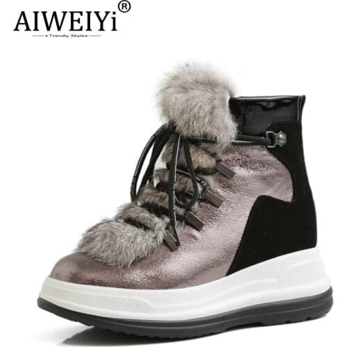 AIWEIYi Women Wool Ankle Boots Female Flat Shoes Shearling Black Silver Warm Winter Snow Boots Footweaer