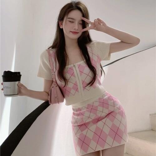 Korobov Korean Office Lady Sweet 2 Pieces Sets Square Collar Short Sleeve Crop Knit Blouses and Hit Color Plaid Mini Skirts Suit