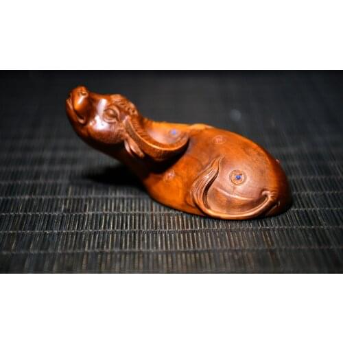 3"China Lucky old Boxwood mosaic Gem Bull statue Lucky Bull Fighting Bull Lucky Office Ornaments Town House Exorcism