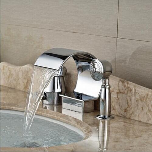 Deck Mount Waterfall Spout Bathroom Tub Faucet 3pcs Bathtub Mixer Pull Out Mixer