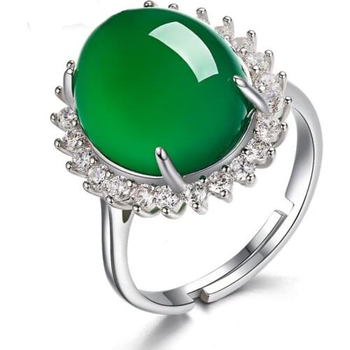 925 Silver Jade Round Ring Natural Green Chalcedony Agate Fashion Charm Jewelry Carved Amulet Gifts for Her Women