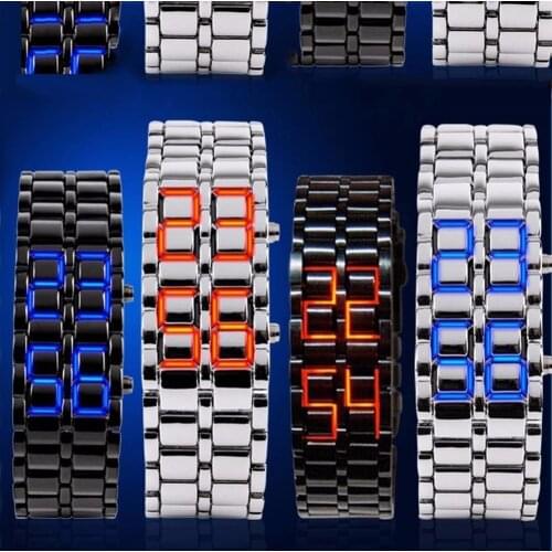 Womens Mens Volcanic Lava Iron Samurai Metal Faceless Bracelet Sport LED Watch
