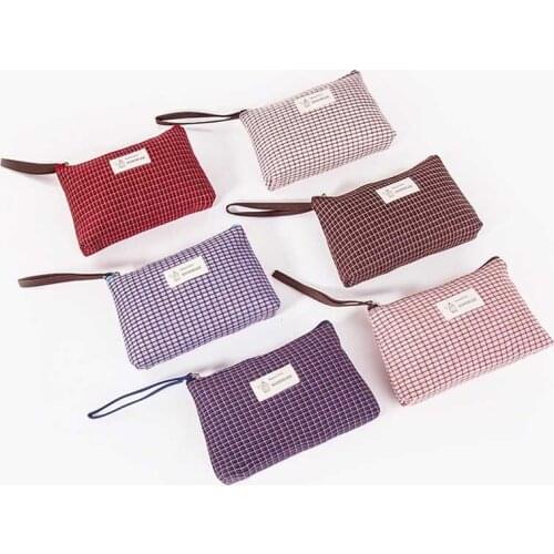 Canvas Womens Makeup Bags Grid Pattern Portable Multi-function Cosmetic Bag Female Travel Toiletry Bags Organizer Pouch