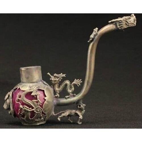Exquisite Chinese Collectible Decorated Old Handwork Red Jade & Tibetan Silver Dragon Smoking Pipe