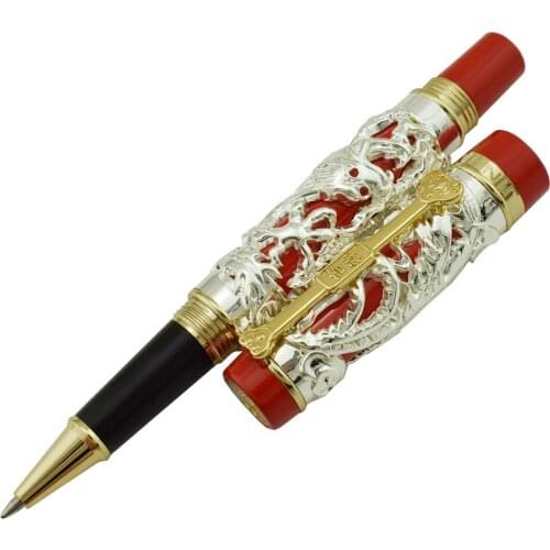 Jinhao Dragon Phoenix Vintage Luxurious Rollerball Pen, Metal Carving Embossing Heavy Pen, Noble Silver & Red for Office School