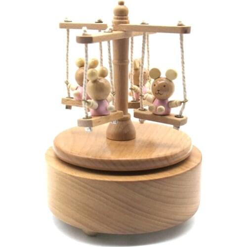 Carousel Bear Swing Chair Music Box Stem-winding Musical Box Beech Wood Music Box Mechanical Wind-up Toggle Switch for Gifts
