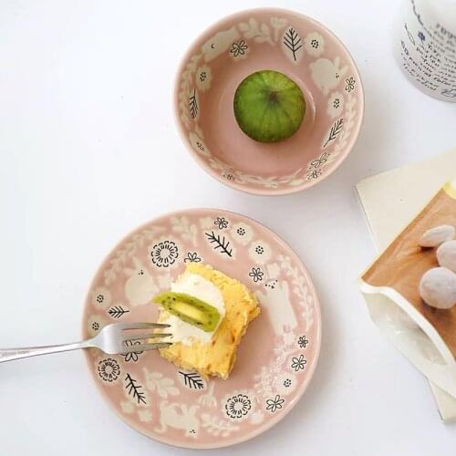 Ceramic Cartoon Round Dessert Plate Household Fruit Plate Bear Cat Rabbit Yogurt Bowl Soup Bowl Tableware