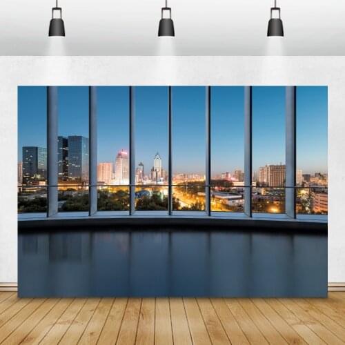 Laeacco Dusk City Buildings Lights French Window Floor Family Portrait Photography Backgrounds Backdrops For Home Photo Studio