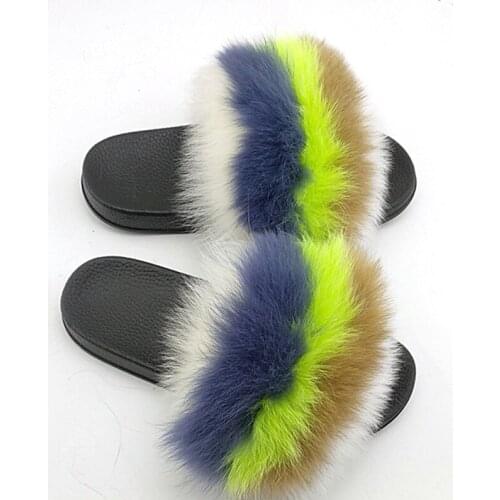 Summer Women Fox Fur Slippers Flip Flops Fluffy Plushs Non Slip Indoor Slipper calquette fourrure real fox fur slides Sandals