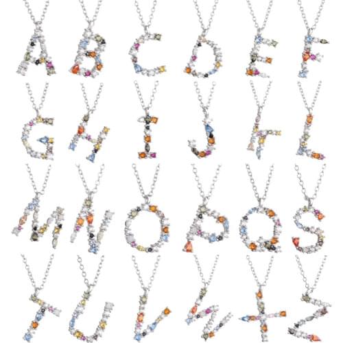 Moonmory Original 925 Sterling Silver Letters Colorful Pendant Necklaces For Women Fashion Crystal CZ Alphabet Christmas Gifts