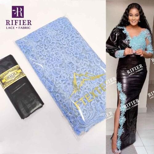 Sky Blue And Balck Sequined Net Lace And Original Bazin Riche Geztczer For French Elegant Lady Party Dresses Net Lace Fabrics