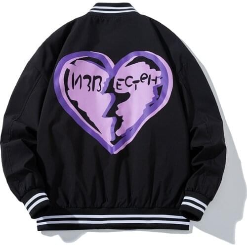 Autumn Winter Hip Hop Baseball Jacket Men Women Heart Shape Print Vintage Varsity Jacket Men Loose College Korean Clothes 2021