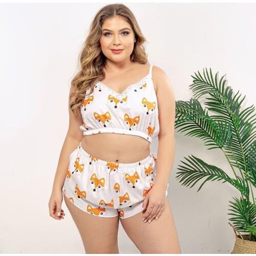 JULYS SONG Cute Cartoon Printed Sleeveless Pajamas Set 2020 Summer Sexy Satin Womens Sleepwear Set Woman Sling and Shorts