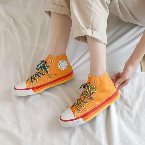 Rainbow Bottom Casual Shoes Woman High Top Sneakers Cavans 2021 Spring Female Casual Shoes White Canvas Sneakers Oman