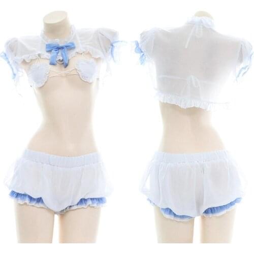 Lolita Girls Ruffle Chiffom Camisole & Bloomers Shorts Set Pajamas Cute Maid Cosplay Women Kawaii Underwear Suit Drop Ship