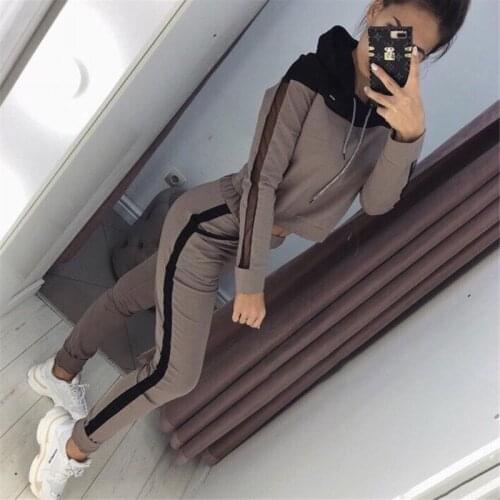 Tracksuit Women Two Piece Set Autumn Clothes Colorblock Hooded Sweatshirt Crop Top and Skinny Pants Sports Jogging Suit Outfits
