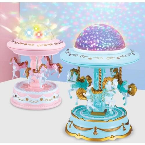 Bevigac Cute Rotating Horse Carousel Style Lights Shine Music Box Projector for Home Valentine Day Birthday New Year Child Gifts