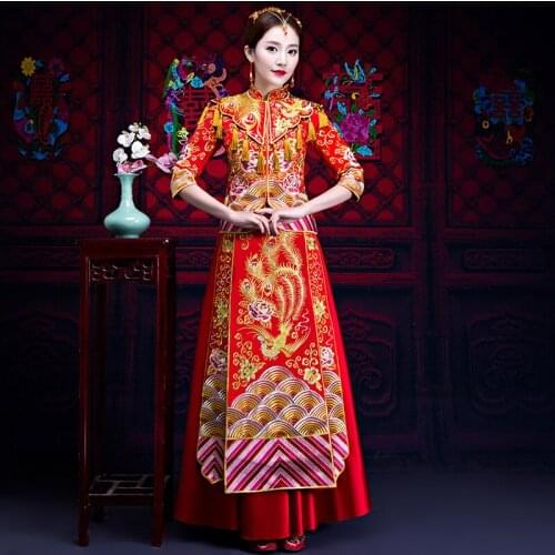 Chinese Traditional Dress qipao Red Long Sleeve Cheongsam Embroidery Oriental Dresses Wedding gowns Robe orientale vestido chino