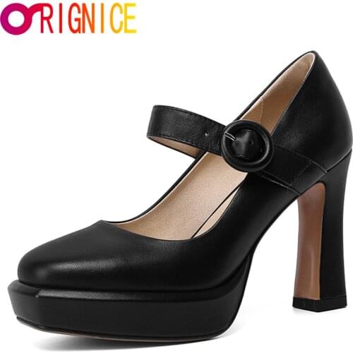 Orignice Concise Women New Platform Chunky Heel Genuine Leather Pumps Popular Square Toe Buckle Strap Party Office Ladies Shoes