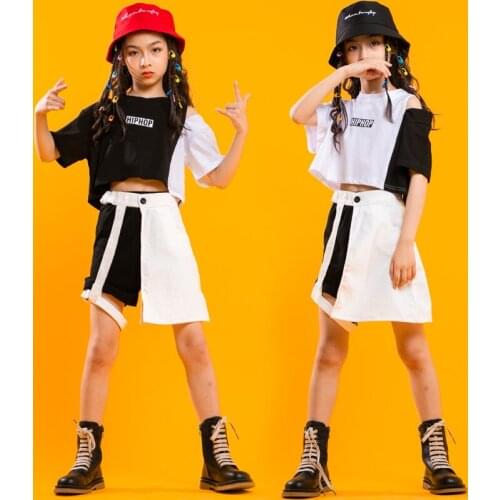 Kid Hip Hop Clothing Black Whitet Shirt Off Shoulder Crop Top Casual Skirt Shorts For Girls Jazz Dance Costume Clothes Streewear